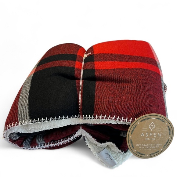 NEW Aspen 50X60" Double Sided Sherpa Plush Throw Blanket Red/Black Plaid Holiday - Picture 1 of 6